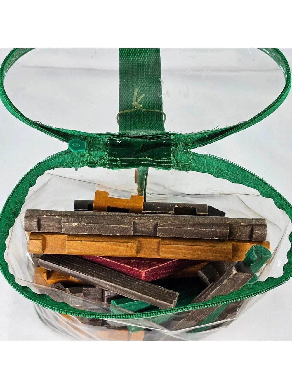 Vintage Lincoln Logs Red Wood Real Wood Building Logs Set in Clear Carrying Bag